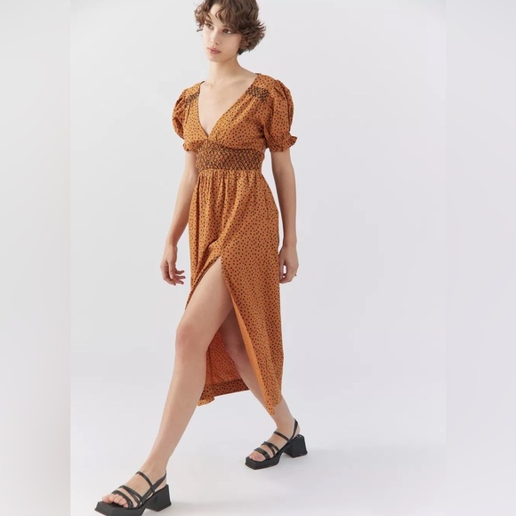 Urban Outfitters Liliana Side Slit Midi Dress Puff Sleeve patchwork striped Sz M - Picture 15 of 16